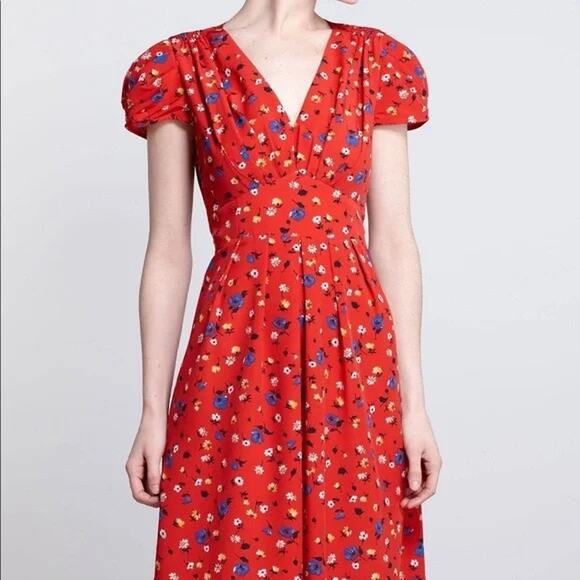 Hi There from Karen Walker Basque Red Floral Anthropologie Dress Women's 10 - Picture 1 of 9